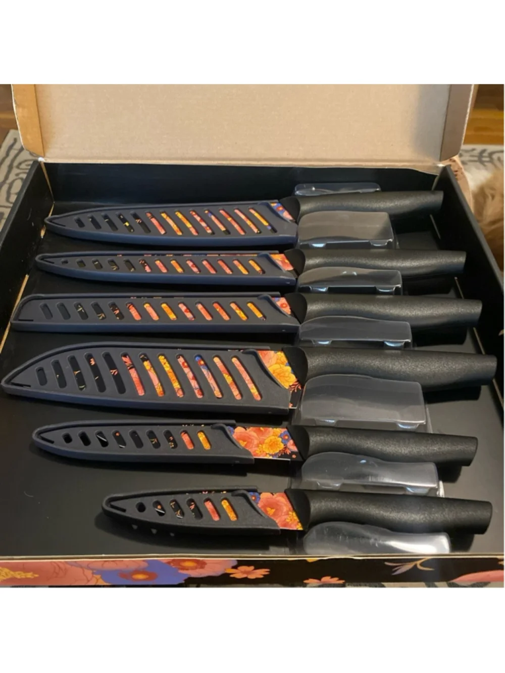 Marco Almond Knife Set Black Floral Designer Knives 6 Piece Stainless Steel NEW